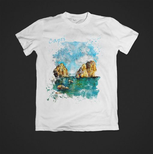 Maglietta cotone 100%, bianca stampata con inchiostri ad acqua, Faraglioni Capri olio su tela di Francesco Toralbo, prestigioso artista di Torre del Greco